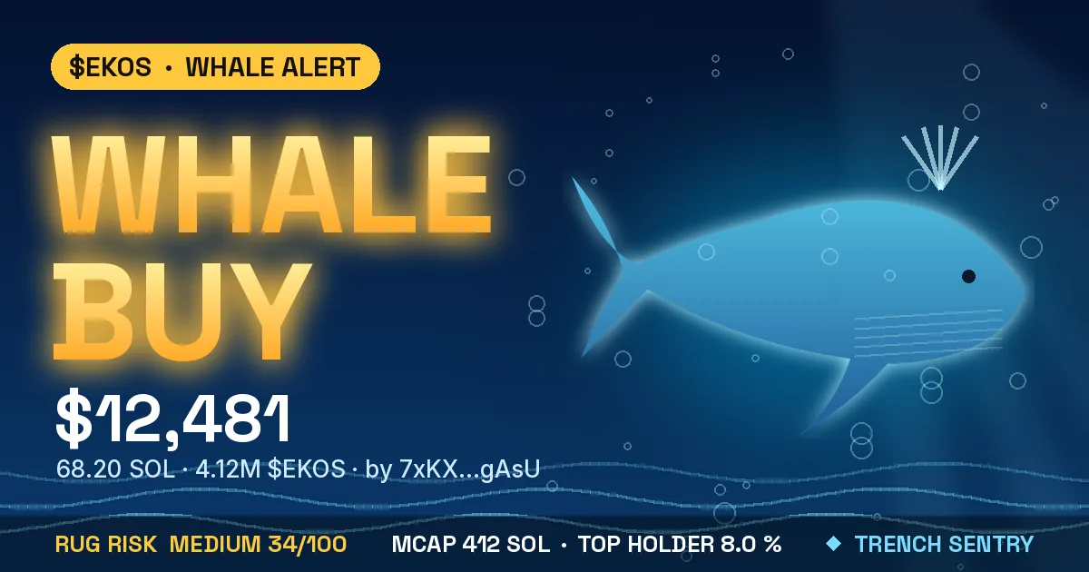 A whale buy card: $12,481 of EKOS bought, rug risk medium 34 of 100